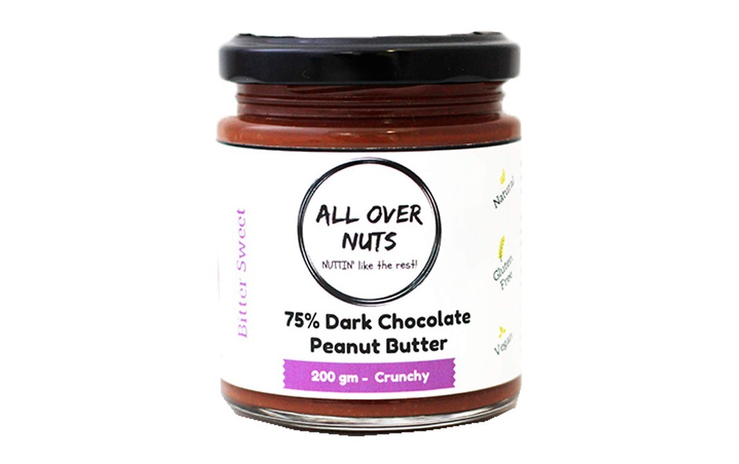 All Over Nuts 75% Dark Chocolate Peanut Butter Crunchy   Glass Jar  200 grams